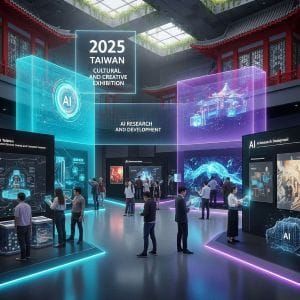 全.台灣 AI 成果展示:科技展覽現場視覺,象徵 AI 在各產業的落地實戰案例與成功轉型作品。