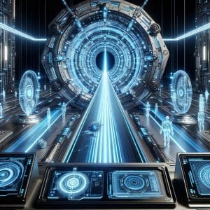 全.台灣 AI 效率加速:未來感的光速隧道與數據中心視覺,象徵透過 AI 實現工作流程優化與極速成長。