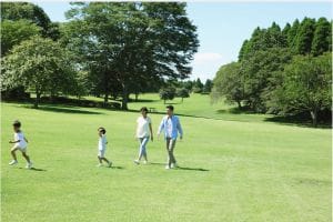 全.台灣樂活體驗:陽光下的綠意大草坪與遠方山巒,象徵專注於身心放鬆、健康日常與享受生活之道的慢活提案。